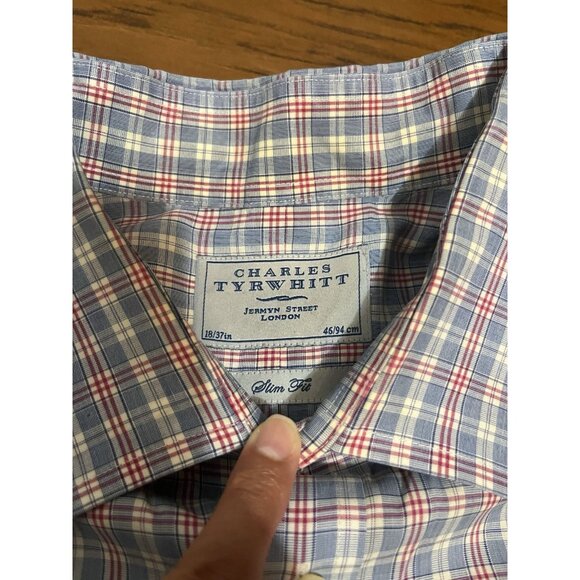 Lot of 2 Charles Tyrwhitt Mens Blue, Red Shirt Plaid XL & 18/37inches Non Iron - Picture 7 of 8